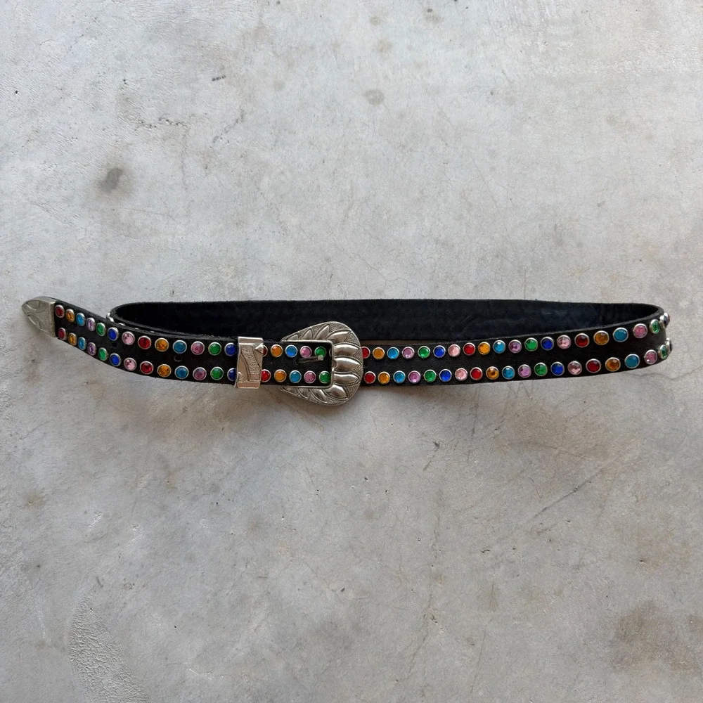 Western Black Leather Belt Multi Color Rhinestone Silver Engraved Buckle 35in